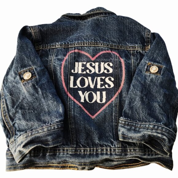 Jesus Loves You Girl's Custom Upcycled Christian Jean Jacket, 10/12 - Picture 1 of 6
